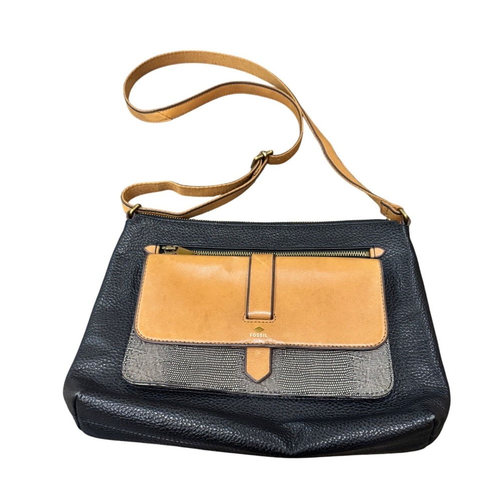 Fossil Black Brown Leather Crossbody Bag Medium Shoulder Purse‎ Zip